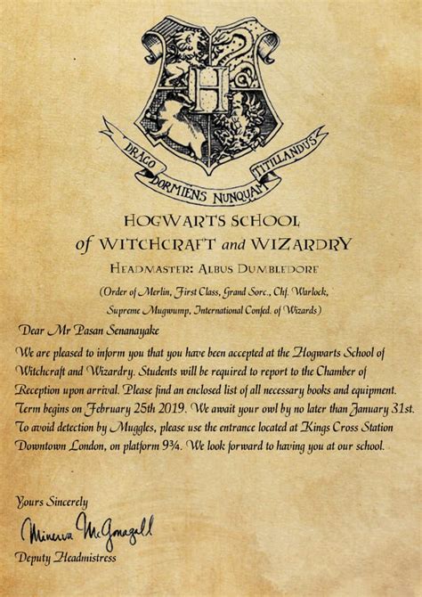 hogwarts custom acceptance letter